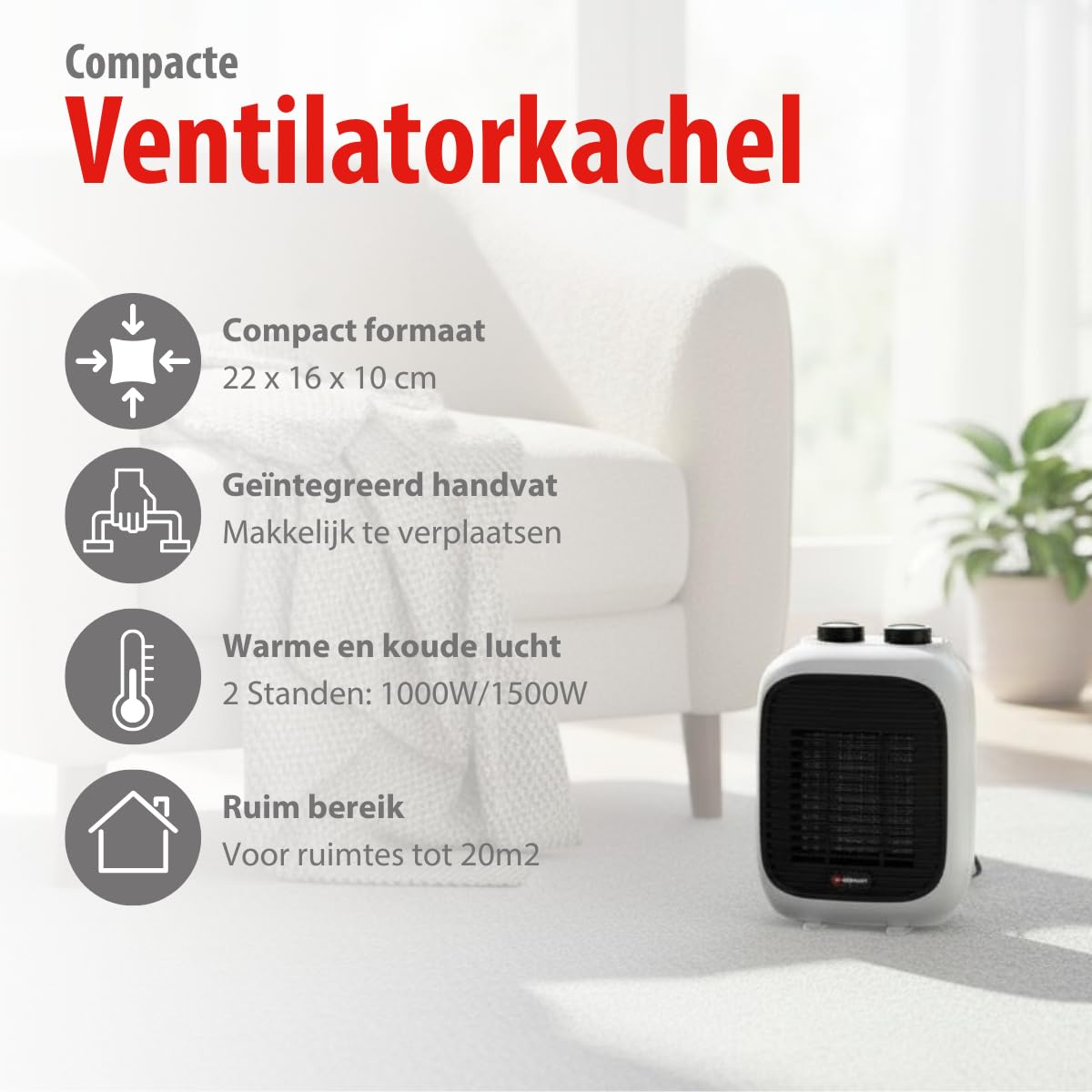 alpina Ventilatorkachel 1500W – Elektrische Kachel met Warme en Koude Lucht – Compacte Mini Heater met Handvat als Bijverwarming – Kachelventilator Voor Ruimtes van 10–15 m² – Wit alpina Ventilatorkachel 1500W – Elektrische Kachel met Warme en Koude Lucht – Compacte Mini Heater met Handvat als Bijverwarming – Kachelventilator Voor Ruimtes van 10–15 m² – Wit
