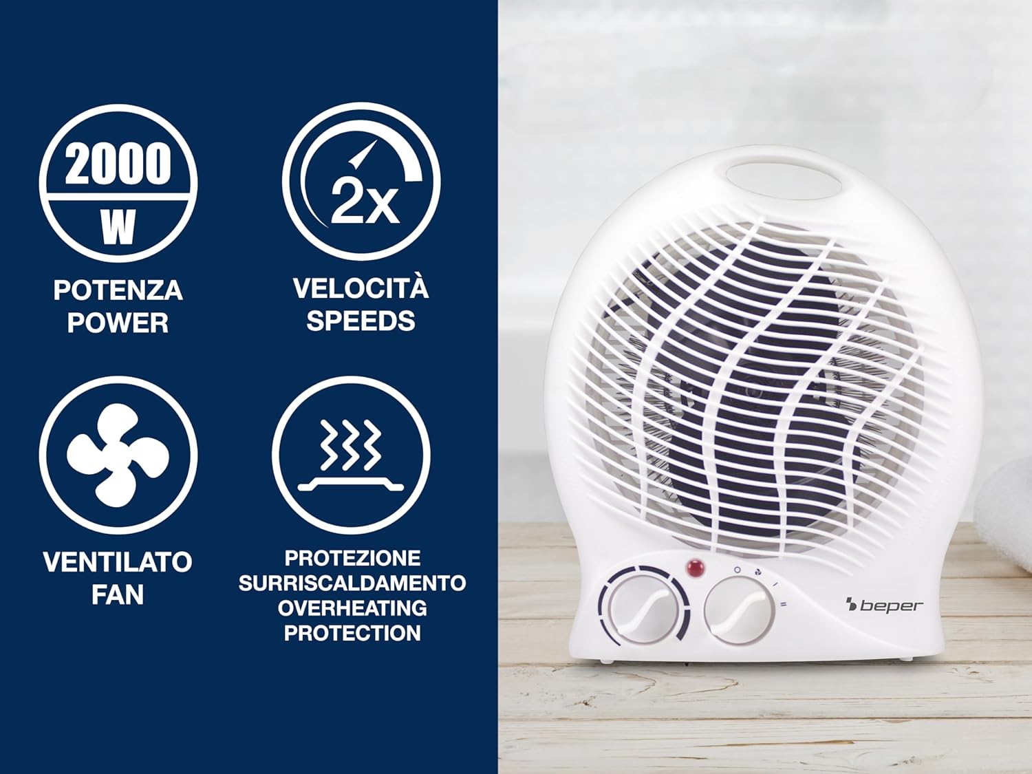 BEPER P203TER203 Compacte elektrische ventilatorkachel, 2 vermogensstanden, 2000 W, thermostaat, ventilatorfunctie, geïntegreerde handgreep en oververhittingsbeveiliging BEPER P203TER203 Compacte elektrische ventilatorkachel, 2 vermogensstanden, 2000 W, thermostaat, ventilatorfunctie, geïntegreerde handgreep en oververhittingsbeveiliging