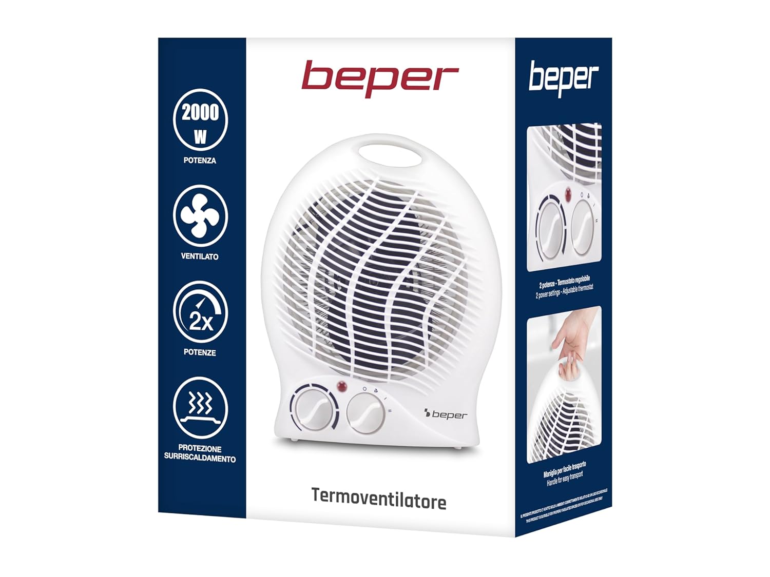 BEPER P203TER203 Compacte elektrische ventilatorkachel, 2 vermogensstanden, 2000 W, thermostaat, ventilatorfunctie, geïntegreerde handgreep en oververhittingsbeveiliging BEPER P203TER203 Compacte elektrische ventilatorkachel, 2 vermogensstanden, 2000 W, thermostaat, ventilatorfunctie, geïntegreerde handgreep en oververhittingsbeveiliging