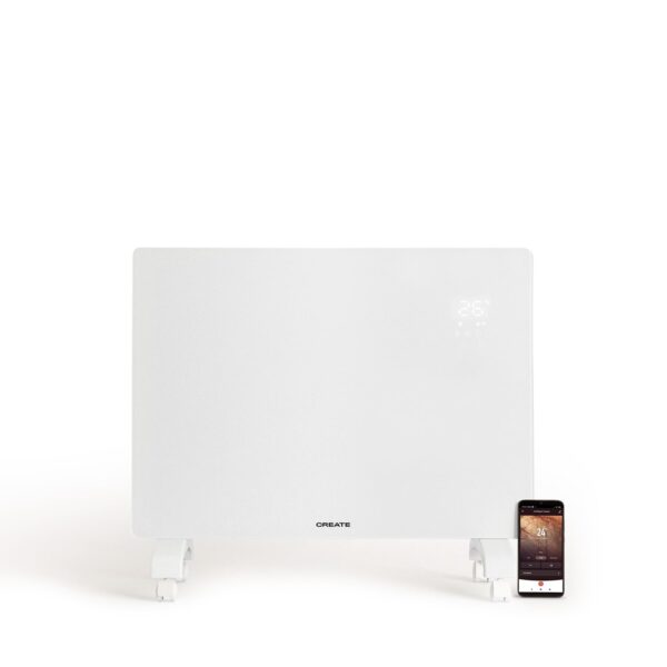 CREATE /WARM CRYSTAL 1500 W / elektrische convector van glas met wifi en wieltjes, wit/app, precisie-sensoren, timer, laag verbruik, wand- of vloermontage, led-touchscreen