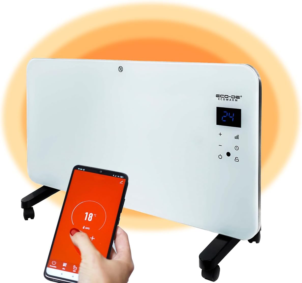 ECODE Elektrische radiator, 2000 W, van glas, stil en programmeerbaar, wifi-bediening, gebruik met wielen, poten of muur, timer, 2 standen, geschikt voor badkamer (IP24),... ECODE Elektrische radiator, 2000 W, van glas, stil en programmeerbaar, wifi-bediening, gebruik met wielen, poten of muur, timer, 2 standen, geschikt voor badkamer (IP24),...