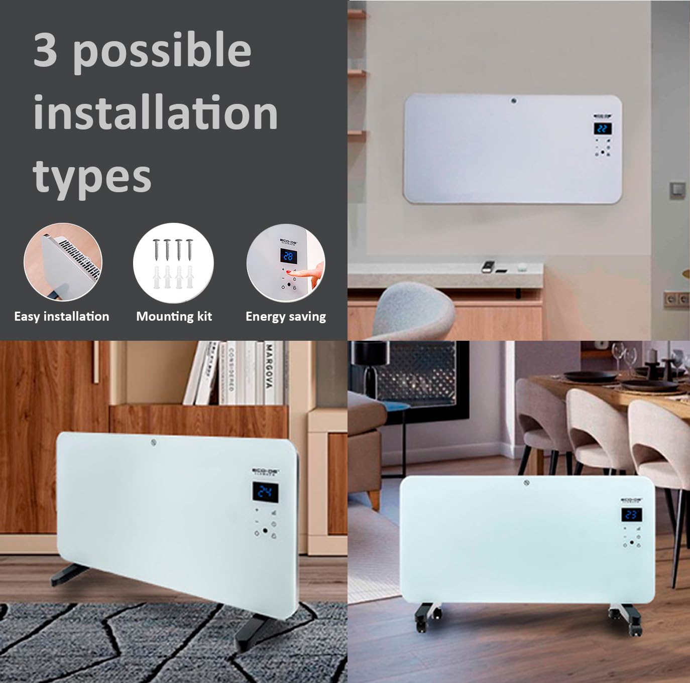 ECODE Elektrische radiator, 2000 W, van glas, stil en programmeerbaar, wifi-bediening, gebruik met wielen, poten of muur, timer, 2 standen, geschikt voor badkamer (IP24),... ECODE Elektrische radiator, 2000 W, van glas, stil en programmeerbaar, wifi-bediening, gebruik met wielen, poten of muur, timer, 2 standen, geschikt voor badkamer (IP24),...