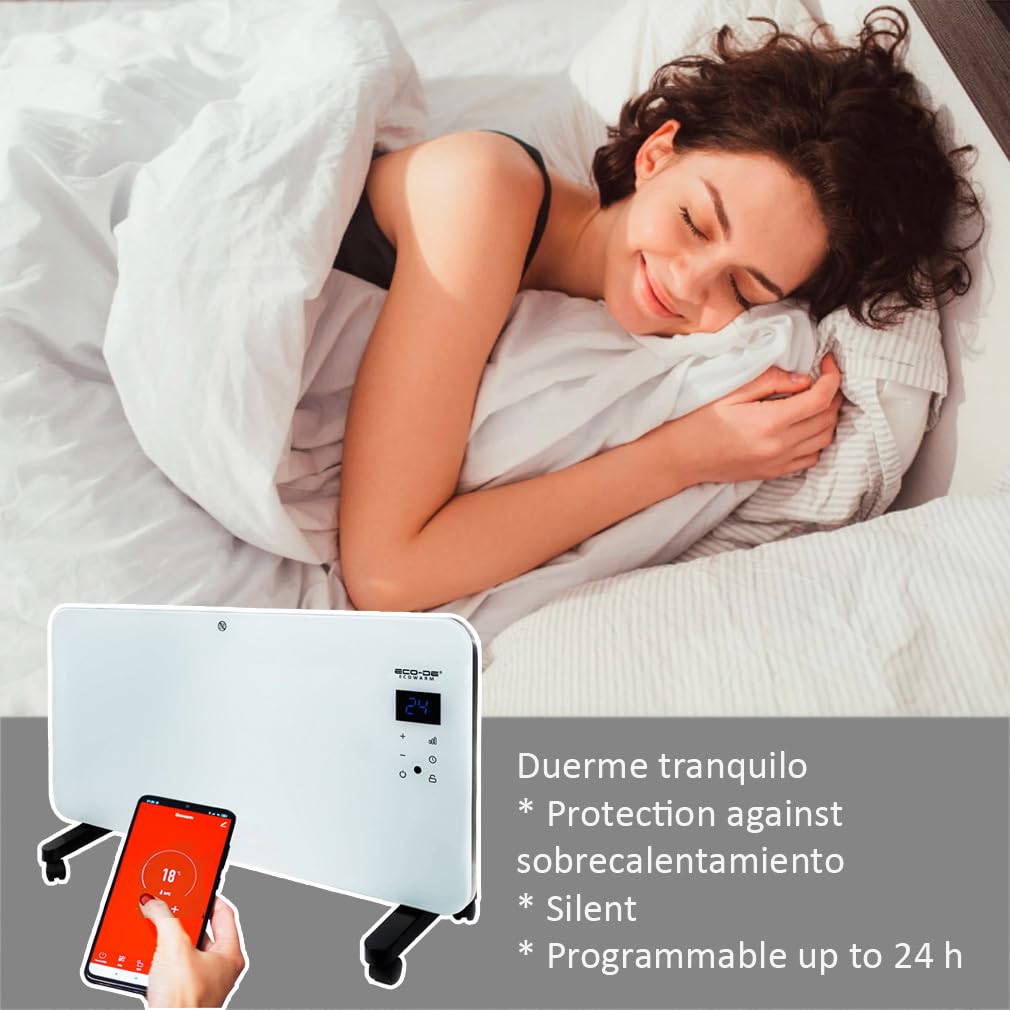 ECODE Elektrische radiator, 2000 W, van glas, stil en programmeerbaar, wifi-bediening, gebruik met wielen, poten of muur, timer, 2 standen, geschikt voor badkamer (IP24),... ECODE Elektrische radiator, 2000 W, van glas, stil en programmeerbaar, wifi-bediening, gebruik met wielen, poten of muur, timer, 2 standen, geschikt voor badkamer (IP24),...