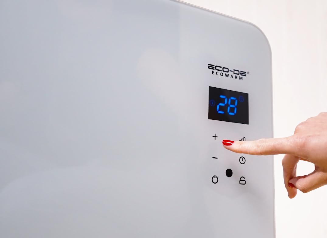 ECODE Elektrische radiator, 2000 W, van glas, stil en programmeerbaar, wifi-bediening, gebruik met wielen, poten of muur, timer, 2 standen, geschikt voor badkamer (IP24),... ECODE Elektrische radiator, 2000 W, van glas, stil en programmeerbaar, wifi-bediening, gebruik met wielen, poten of muur, timer, 2 standen, geschikt voor badkamer (IP24),...