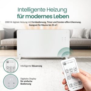 EMERIO Convector GR-133080.1 Glazen verwarming, elektrische radiator, 76,5 x 47 cm, afstandsbediening, staande of wandapparaat, led-display, thermostaat 10-35 °C, 24 uurs timer,...