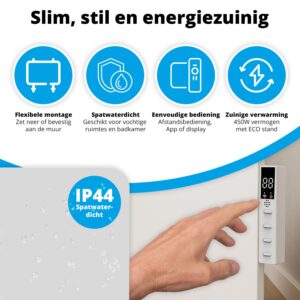FlinQ Slimme Infrarood Verwarming – Elektrische Verwarmingspaneel – Moderne Kachel – Geschikt voor Badkamer – Staand & Verplaatsbaar – Met Thermostaat – Wit Paneel – 450 W FlinQ Slimme Infrarood Verwarming - Elektrische Verwarmingspaneel - Moderne Kachel - Geschikt voor Badkamer - Staand & Verplaatsbaar - Met Thermostaat - Wit Paneel - 450 W