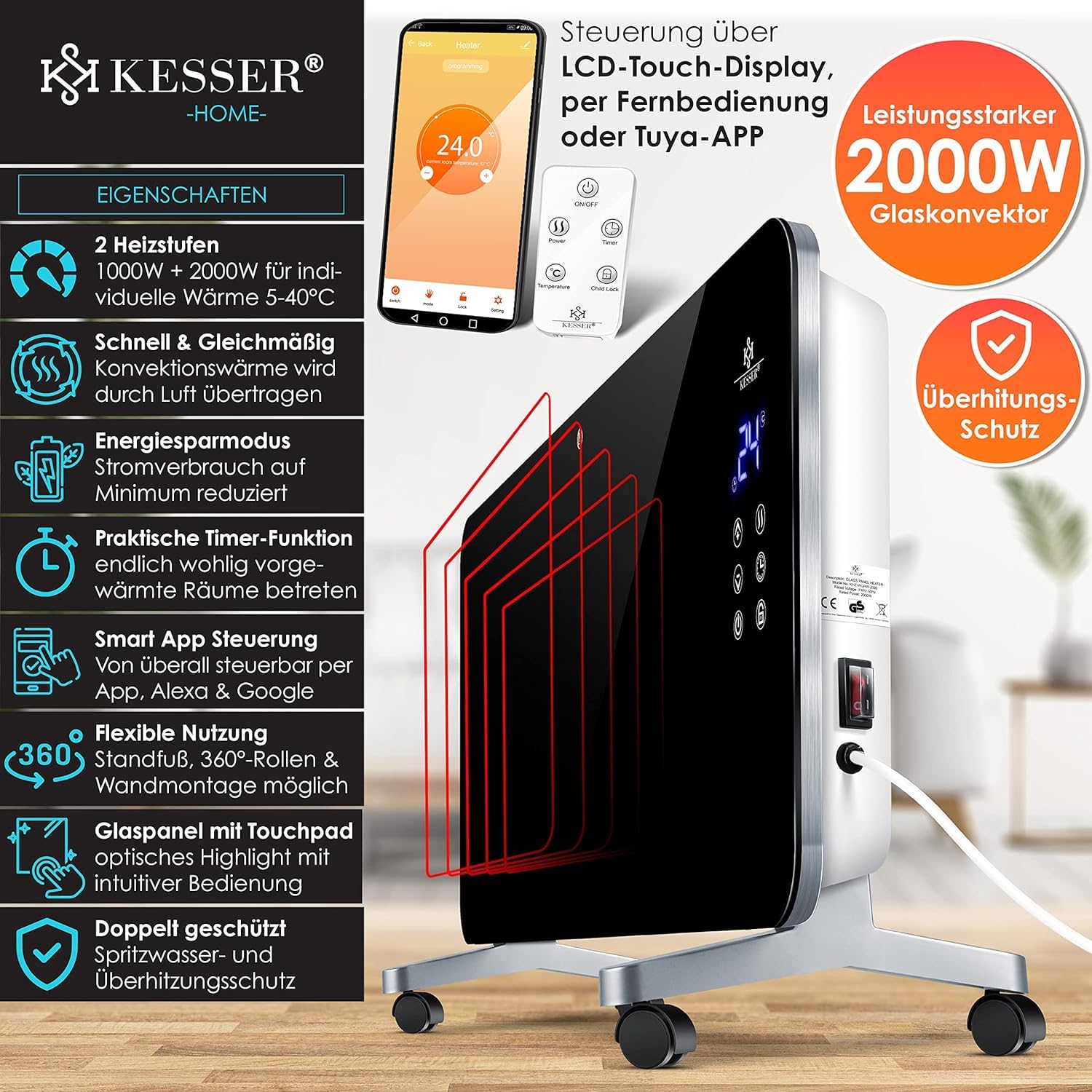 Kesser® Elektrische glasverwarming, convector, elektrische verwarming, verwarming, radiator (zwart) Kesser® Elektrische glasverwarming, convector, elektrische verwarming, verwarming, radiator (zwart)