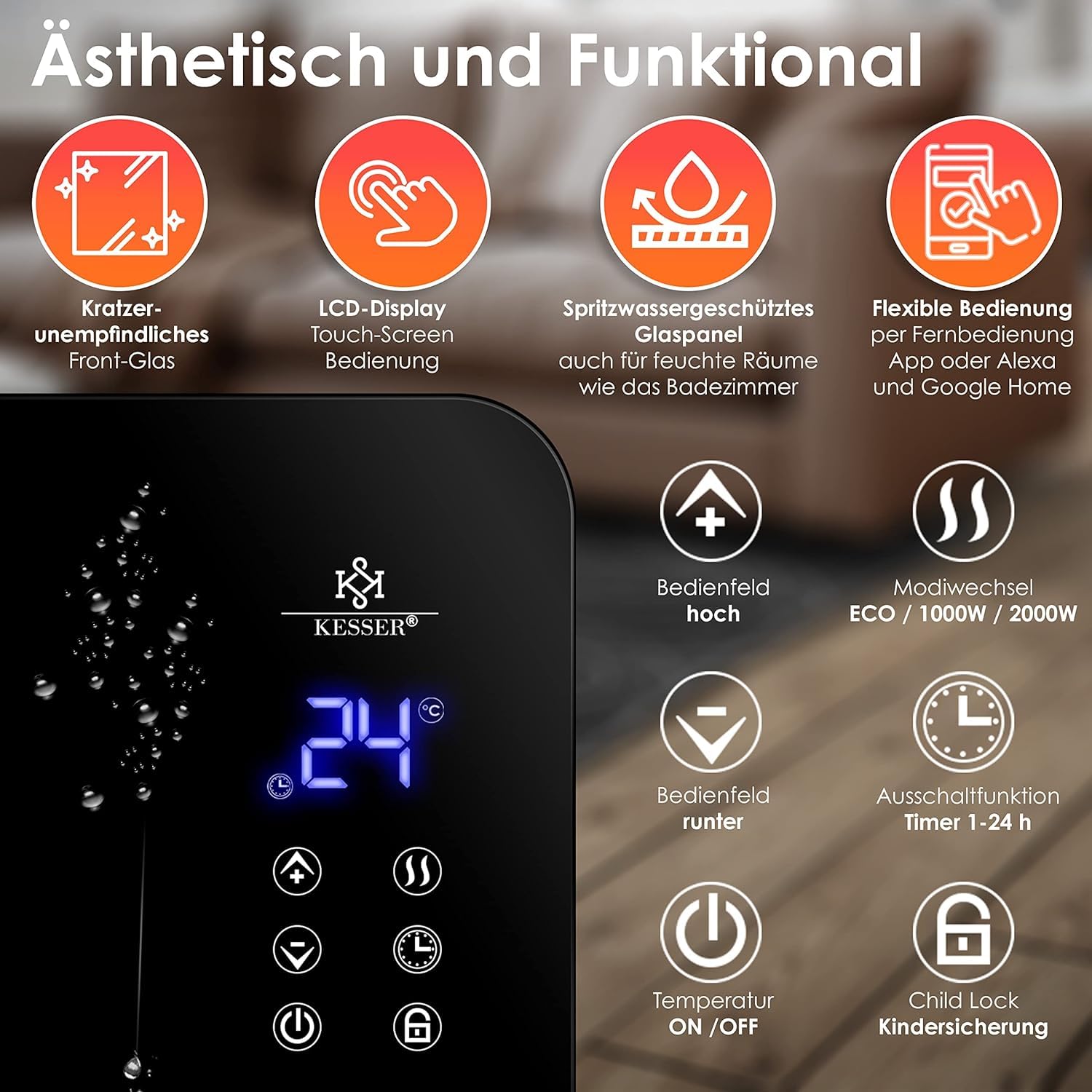 Kesser® Elektrische glasverwarming, convector, elektrische verwarming, verwarming, radiator (zwart) Kesser® Elektrische glasverwarming, convector, elektrische verwarming, verwarming, radiator (zwart)