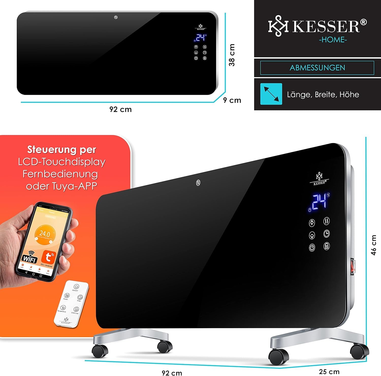 Kesser® Elektrische glasverwarming, convector, elektrische verwarming, verwarming, radiator (zwart) Kesser® Elektrische glasverwarming, convector, elektrische verwarming, verwarming, radiator (zwart)