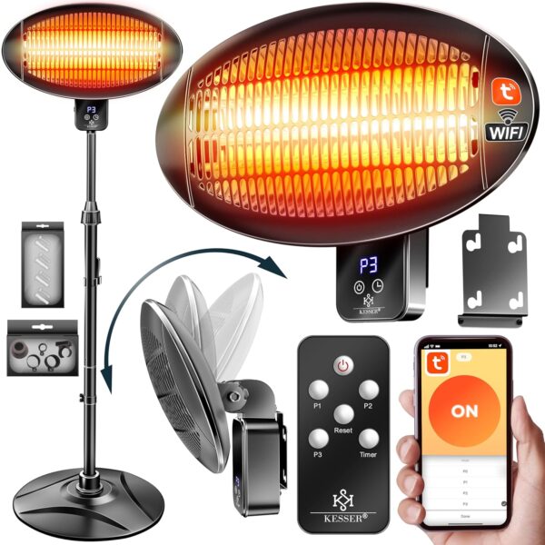 KESSER® Infrarood warmtestraler, 2000 W, terrasstraler, met wifi en afstandsbediening, 360 graden draaibaar, in hoogte verstelbaar, stand- en wandmontage, kantelbeveiliging,...