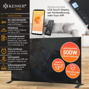 KESSER® Infraroodverwarming, 500 W, glazen convector, glasverwarming, energiebesparend, 2-in-1 staand apparaat en wandmontage, elektrische verwarming met detectie, open raam +...