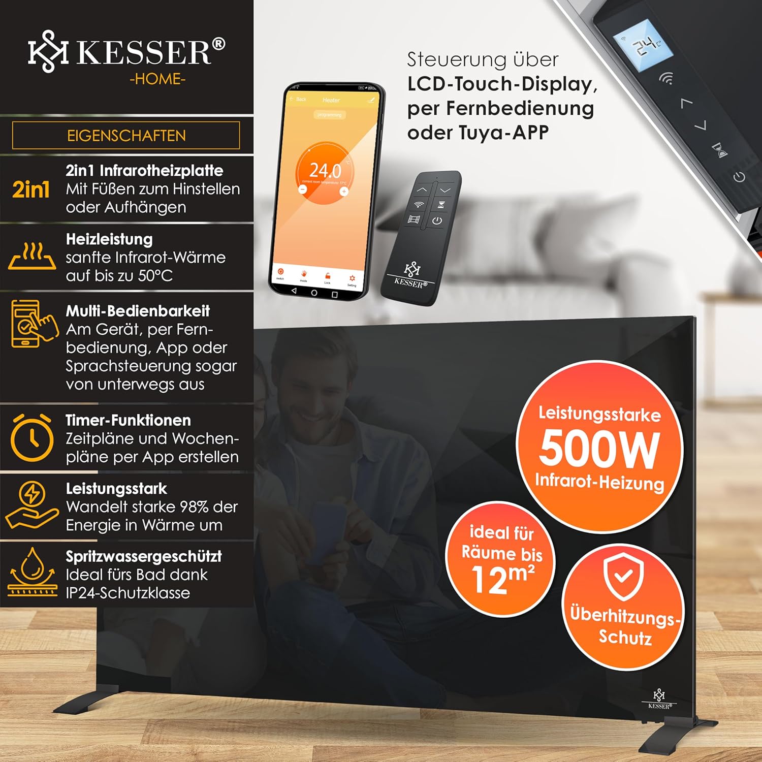 KESSER® Infraroodverwarming, 500 W, glazen convector, glasverwarming, energiebesparend, 2-in-1 staand apparaat en wandmontage, elektrische verwarming met detectie, open raam +... KESSER® Infraroodverwarming, 500 W, glazen convector, glasverwarming, energiebesparend, 2-in-1 staand apparaat en wandmontage, elektrische verwarming met detectie, open raam +...