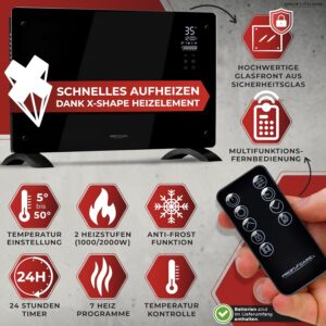 ProfiCare® PC-GKH 3119 Elektrische verwarming met glazen front en X-vormig verwarmingselement, mobiele radiator, ook geschikt voor wandmontage, convectorverwarming met 2...