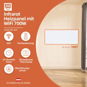 SHX Infrarood verwarmingspaneel met wifi, 700 W, SHXA700-wifi, 700 watt, 7-14 m², wandmontage, wifi, afstandsbediening, wit