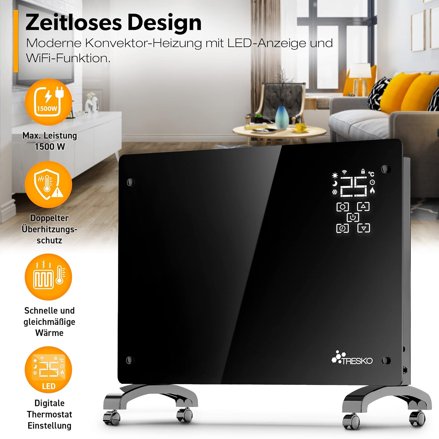 TRESKO® Elektrische Convector tegel incl. App & WiFi | LCD-Display | 1500W Vloer- of Wandtegel TRESKO® Elektrische Convector tegel incl. App & WiFi | LCD-Display | 1500W Vloer- of Wandtegel