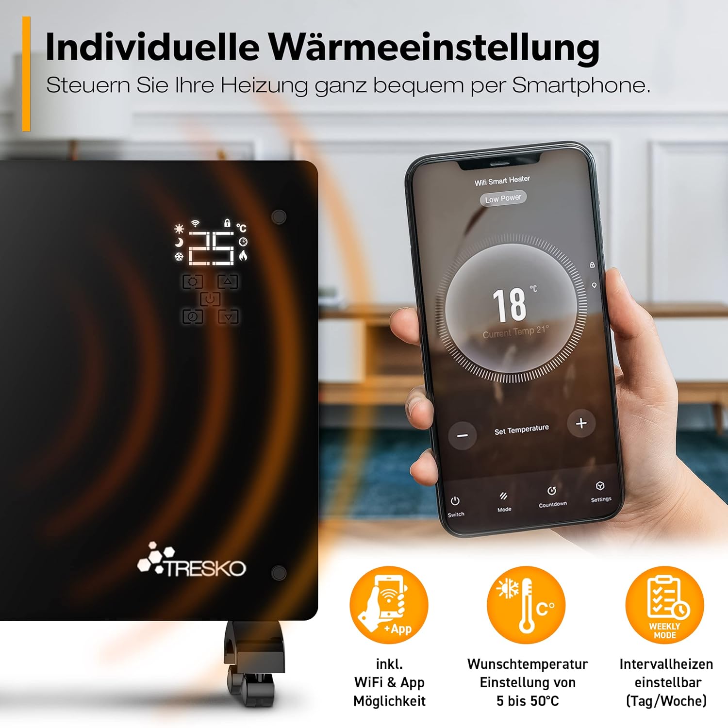 TRESKO® Elektrische Convector tegel incl. App & WiFi | LCD-Display | 1500W Vloer- of Wandtegel TRESKO® Elektrische Convector tegel incl. App & WiFi | LCD-Display | 1500W Vloer- of Wandtegel