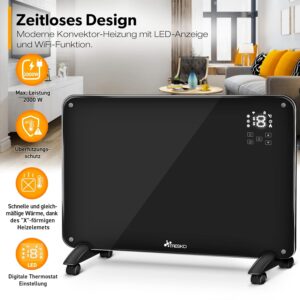 TRESKO Glazen convector 2000W APP WiFi | Elektrische kachel incl. afstandsbediening | Glas Convector verwarming Touch & LCD Display | Elektrische verwarming vloer- of wandunit...
