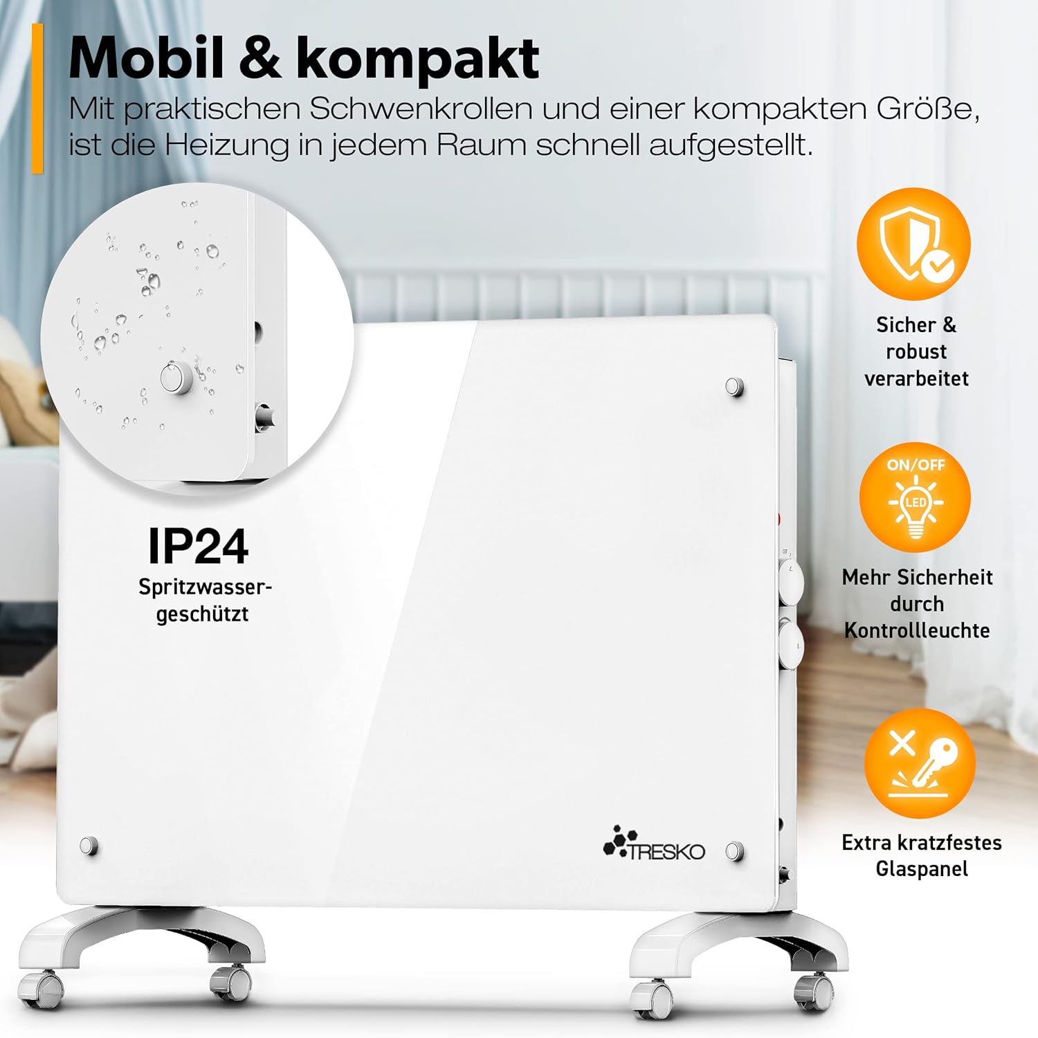TRESKO® Glazen Convectorkachel Wit - 1500W | Elektrische Radiator TRESKO® Glazen Convectorkachel Wit - 1500W | Elektrische Radiator