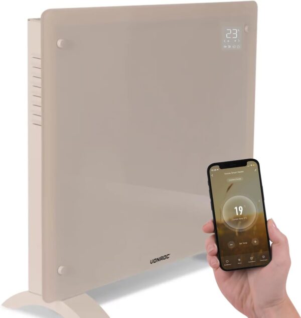 VONROC Luxe elektrische kachel - Convectorkachel met glazen paneel – 500W/1000W - Verwarmt ruimtes tot 12m2 - Bediening zowel met app (via Wifi) als handmatig – Instelbare...