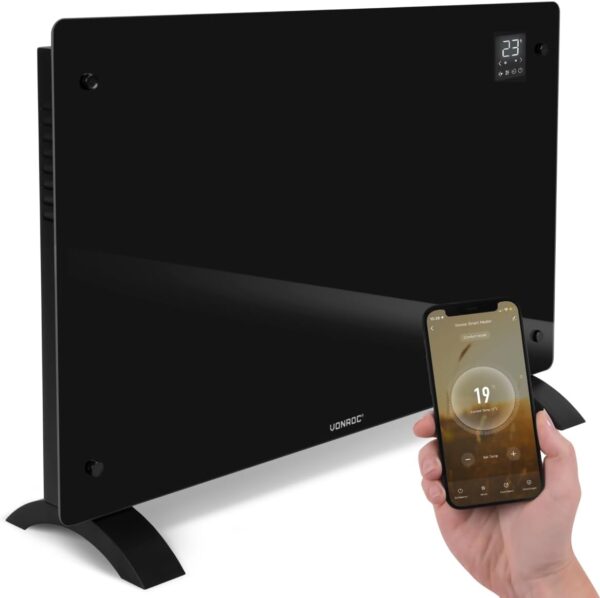 VONROC Luxe elektrische kachel - Convectorkachel met glazen paneel – 1000W/2000W- Verwarmt ruimtes tot 24m2 - Bediening zowel met app (via Wifi) als handmatig – Instelbare...